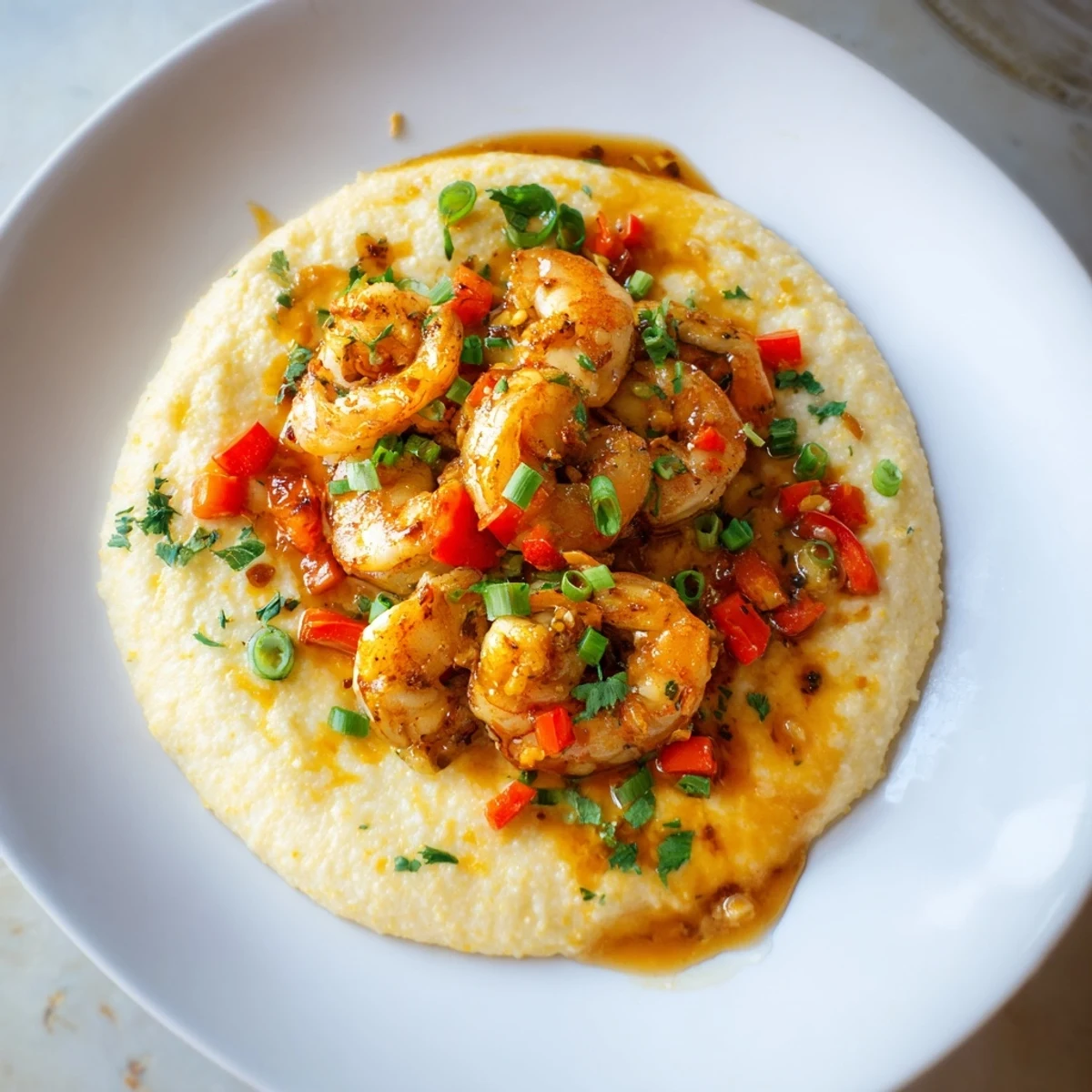 Hearty Southern comfort food: cheesy grits and spicy shrimp with bell peppers, finished with fresh parsley.