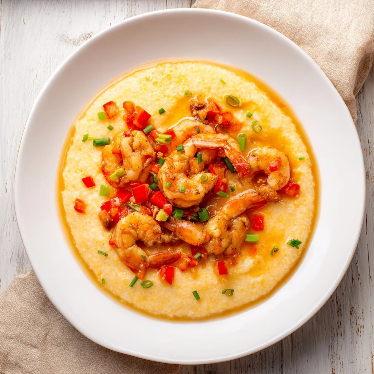 Steaming, buttery grits loaded with sharp cheddar cheese serve as the base for spicy, seared Cajun shrimp.