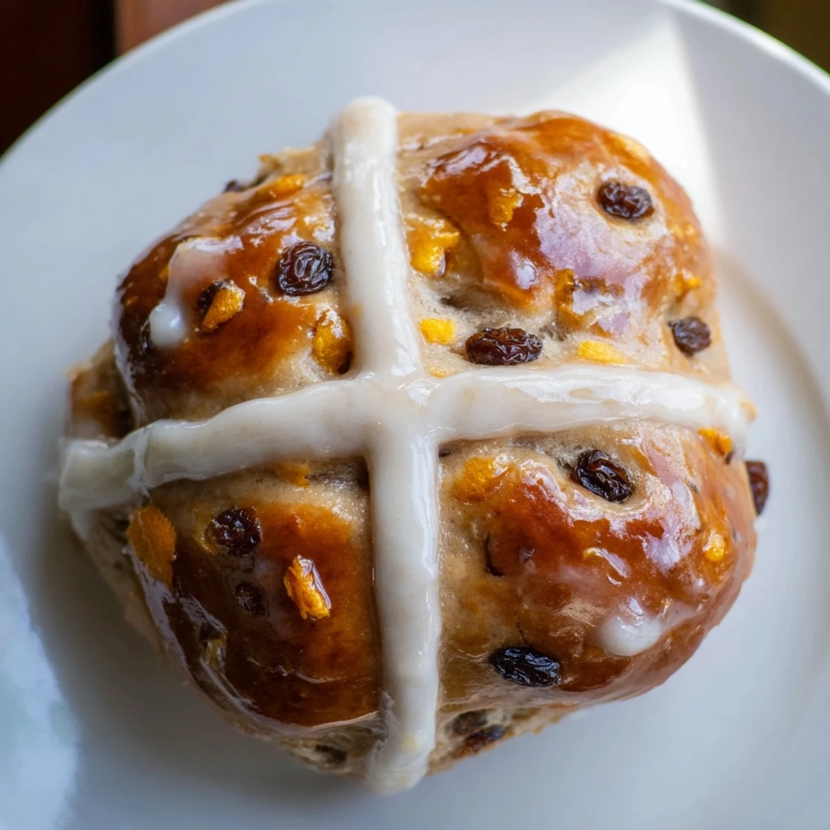 Warmly glazed Hot Cross Buns fresh from the oven, showcasing golden-brown tops with delicate white crosses and speckled currants.