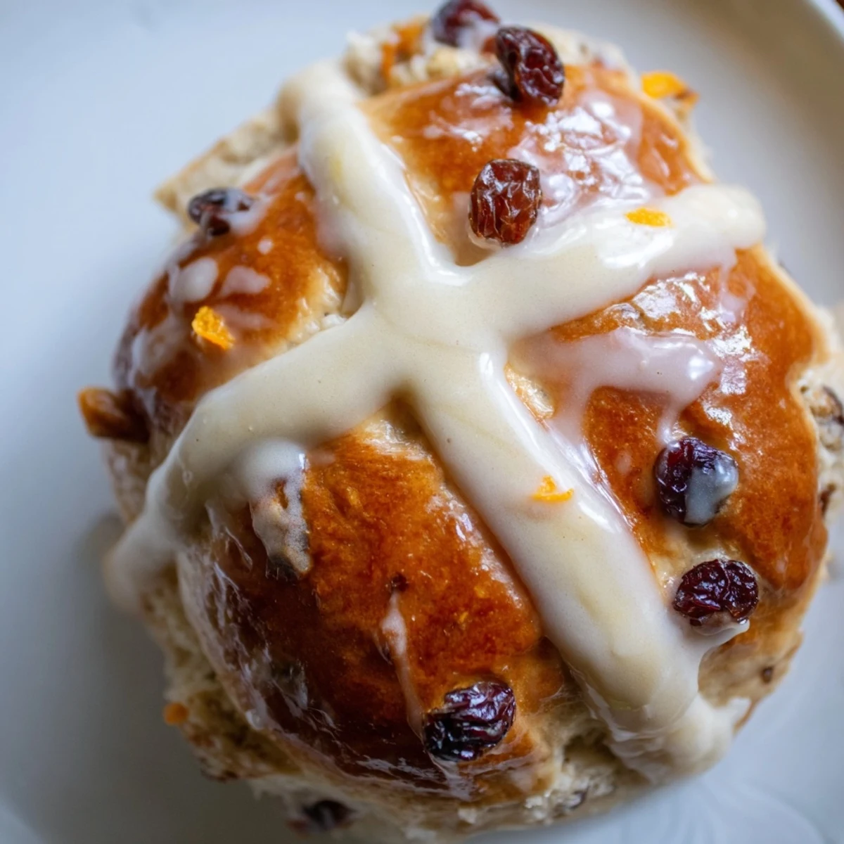 A plate of spiced Hot Cross Buns sliced open to reveal a soft, airy crumb dotted with sweet dried currants.