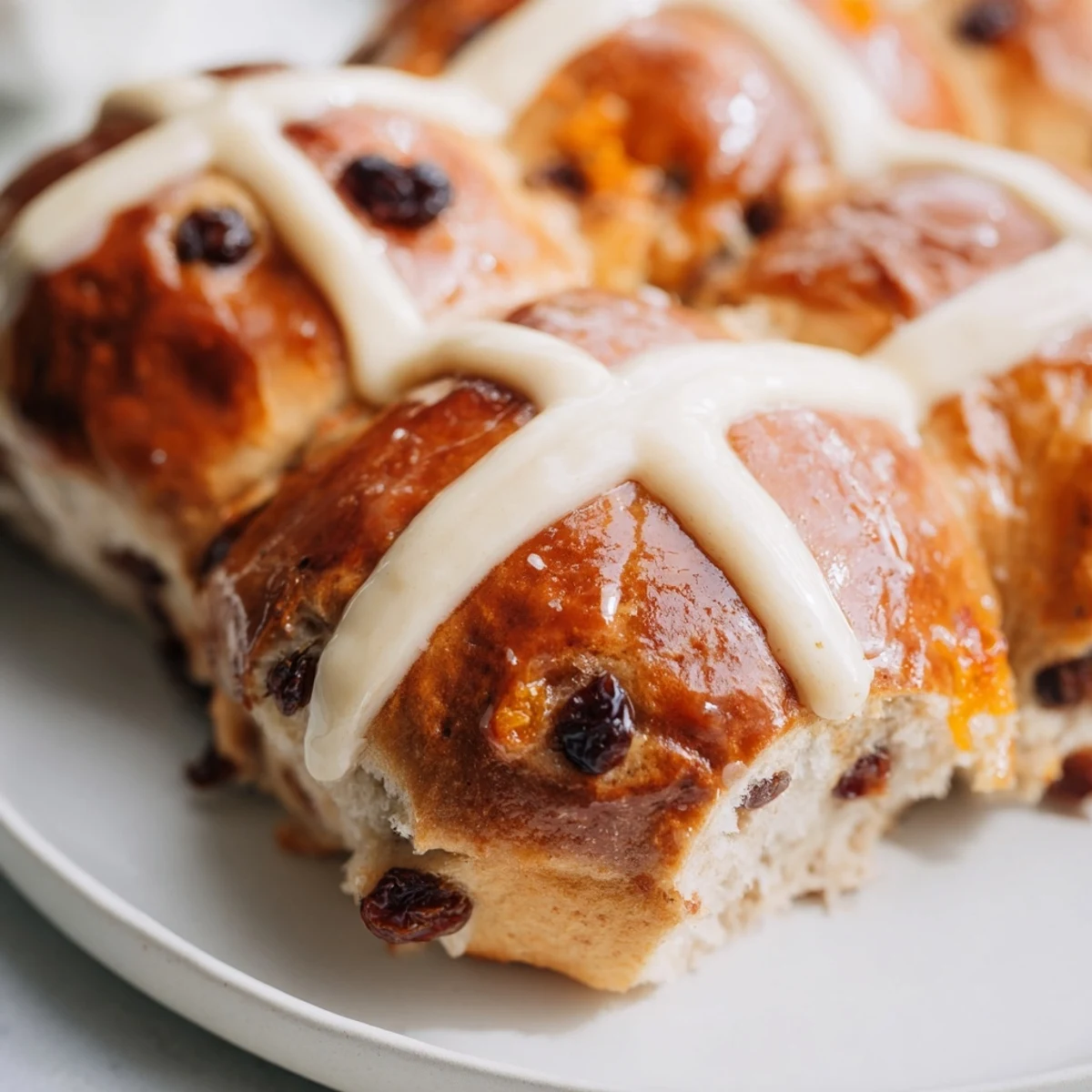 Overhead view of freshly baked Hot Cross Buns arranged on a wire cooling rack, drizzled with glossy apricot glaze.