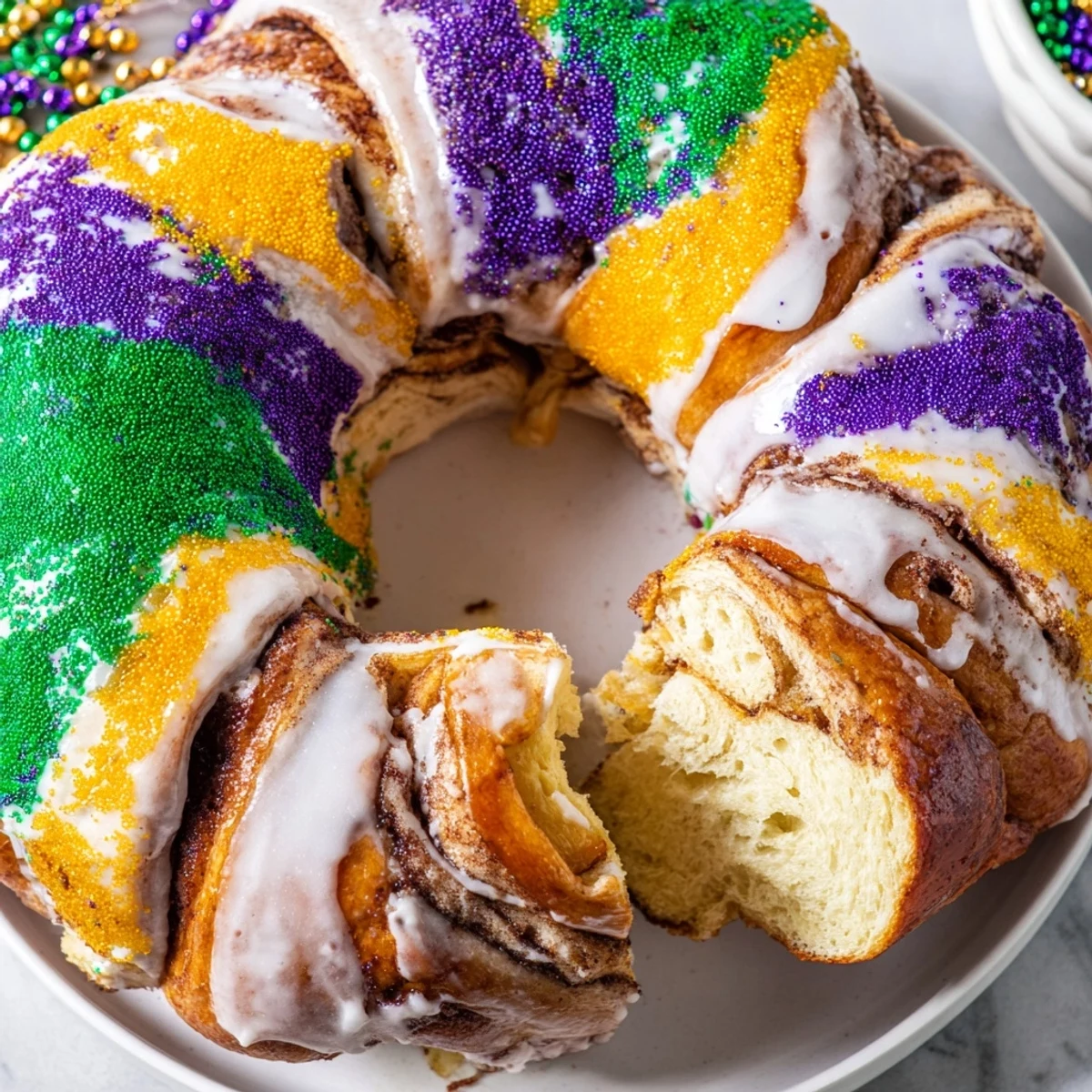 A festive Mardi Gras King Cake with vibrant purple, green, and gold icing on a decorative platter.  