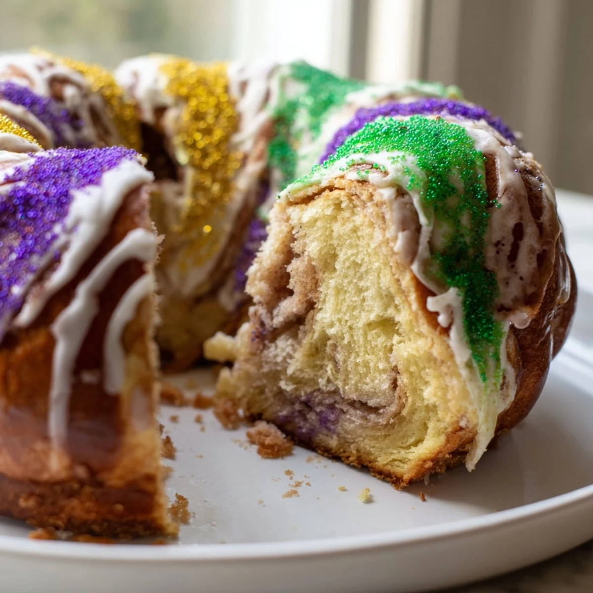 A slice of sweet cinnamon-filled King Cake reveals its soft brioche swirl, ready to serve for Mardi Gras.  