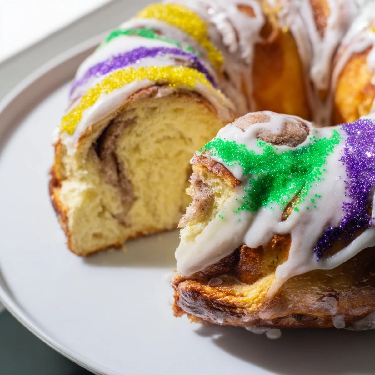 Close-up of a Mardi Gras King Cake, showcasing its colorful sugar topping and cinnamon sugar filling.