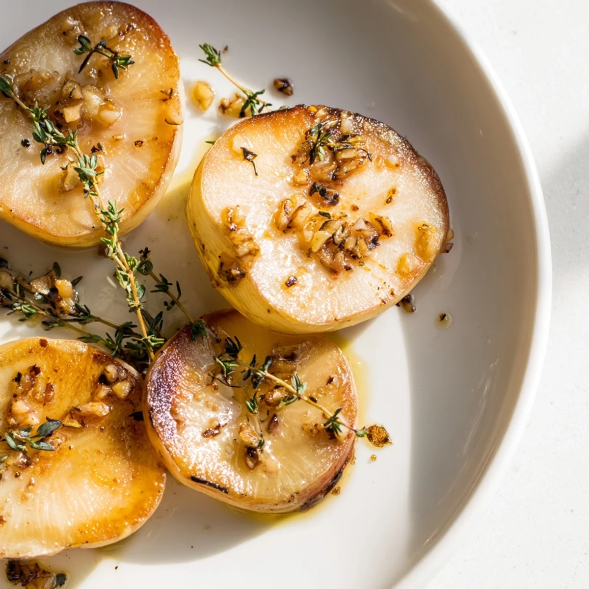 Golden roasted radishes with garlic and thyme on a baking sheet, caramelized edges and fresh herb garnish.