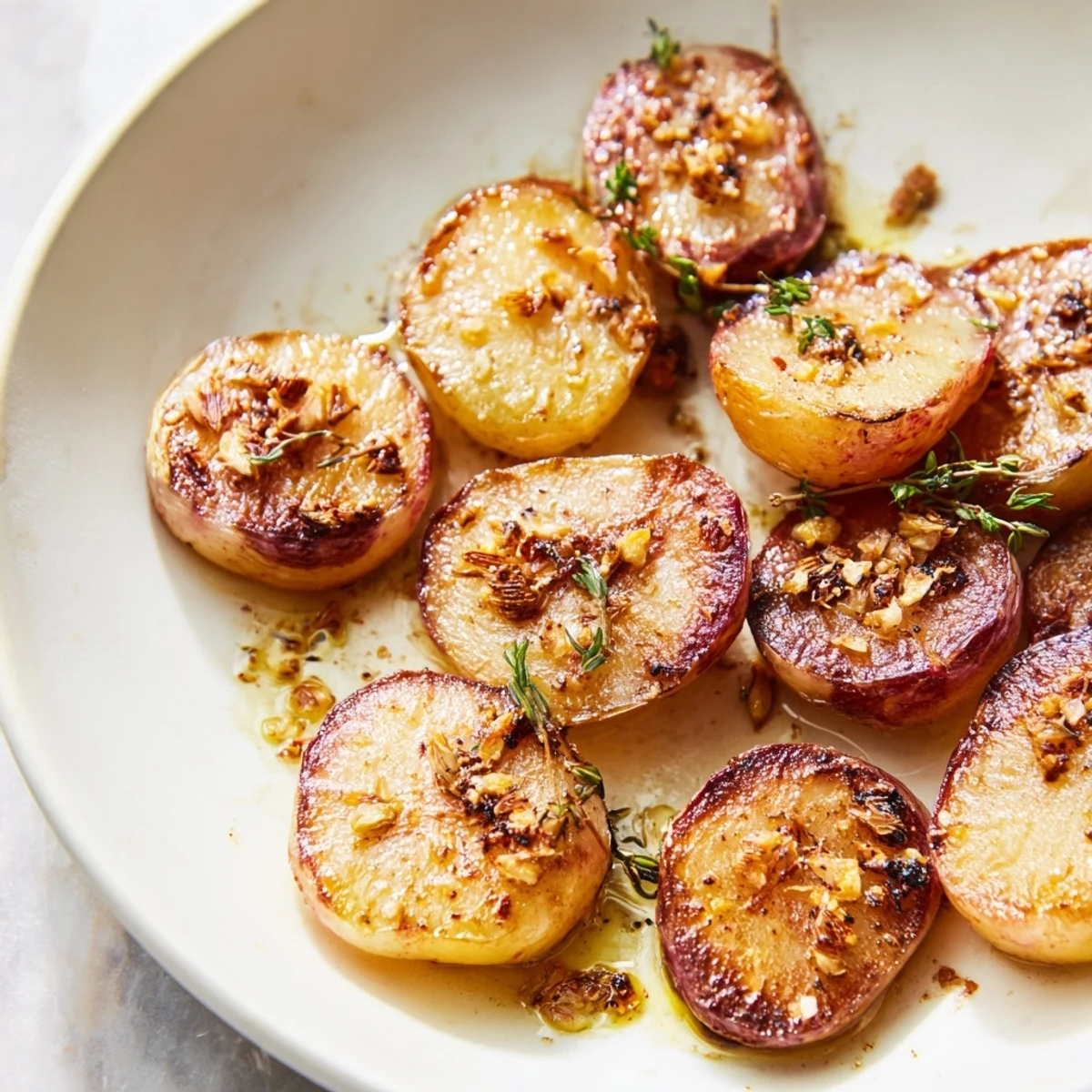 Garlic and thyme roasted radishes, glistening with olive oil, finished with lemon and flaky sea salt.