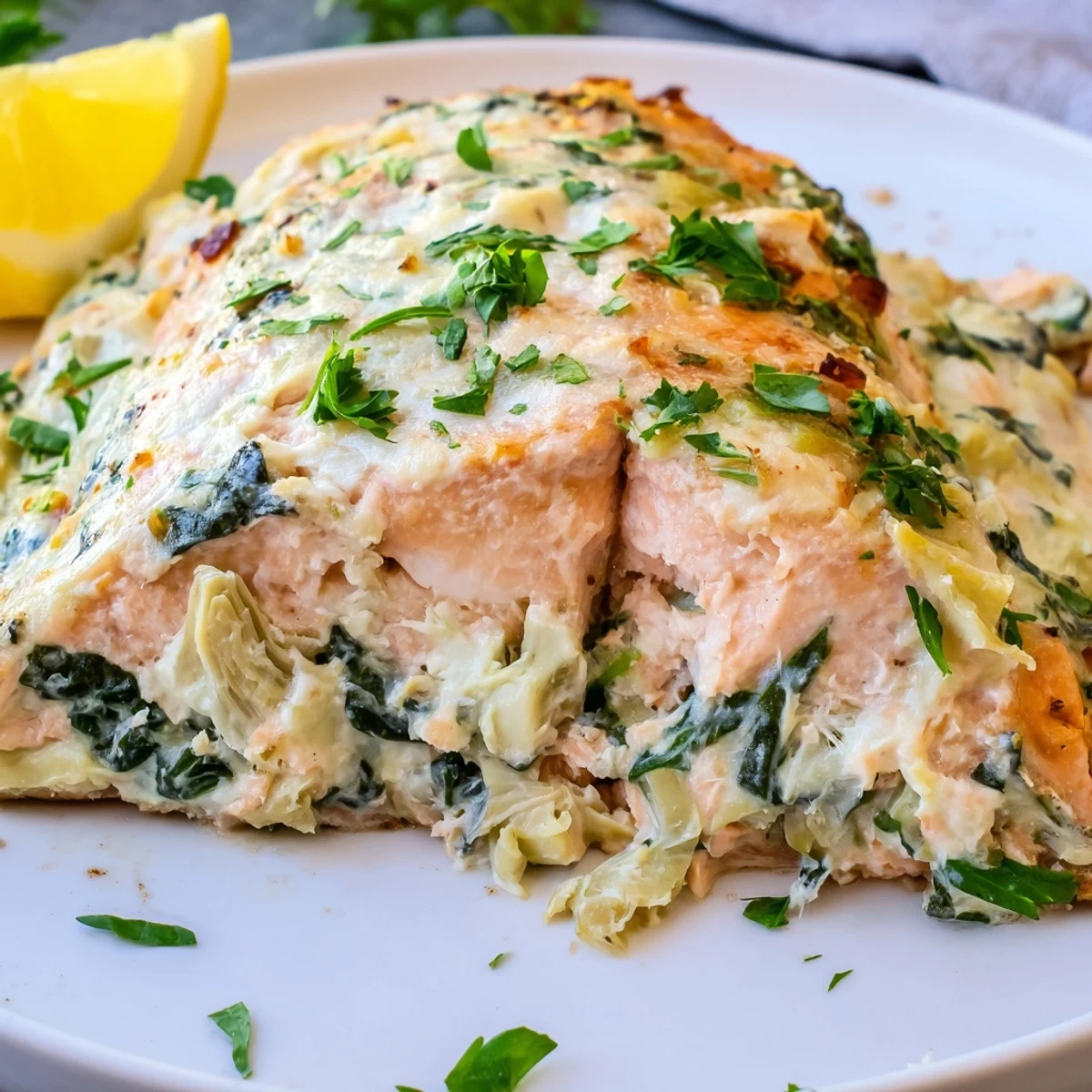 Golden-brown baked salmon fillets stuffed with creamy spinach and artichoke filling, served on a white plate with lemon wedges.