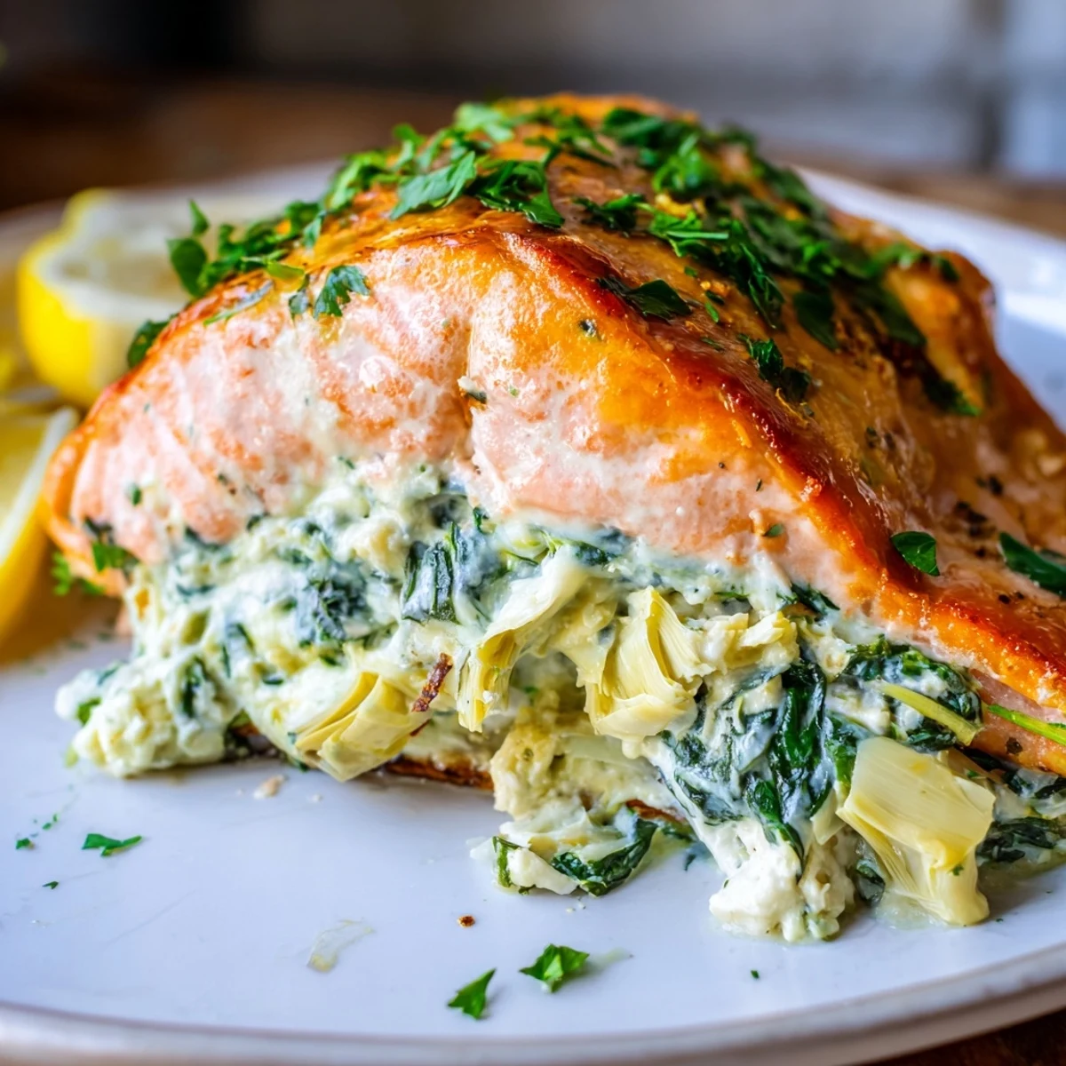 Flaky baked salmon fillet filled with a rich spinach and artichoke cream cheese mixture, garnished with fresh parsley.