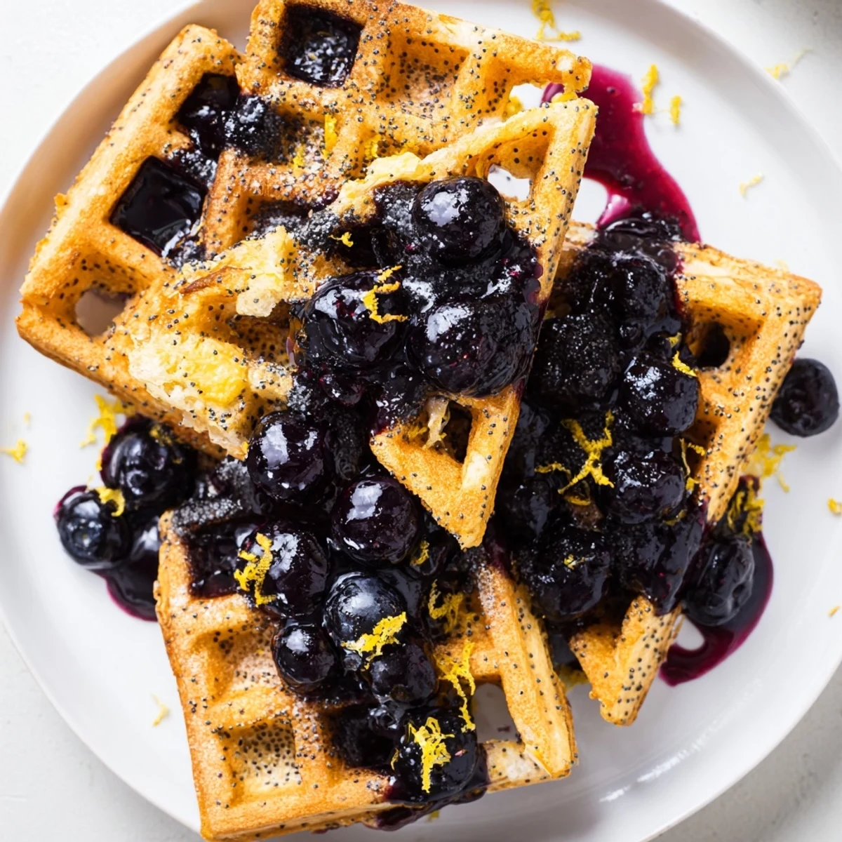 Golden, crispy Lemon Poppy Seed Waffles topped with a warm, bubbling blueberry syrup for a vibrant brunch.  