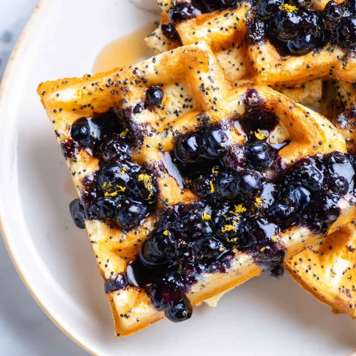 Lemon Poppy Seed Waffles with blueberry syrup, perfect for a bright, sweet and tangy breakfast plate.