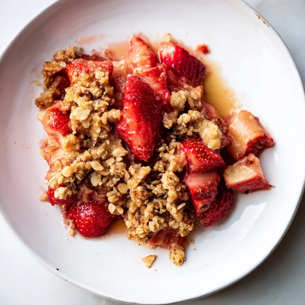 Golden-brown Strawberry Rhubarb Crisp with oat crumble bubbling in a ceramic dish, ready to serve warm.