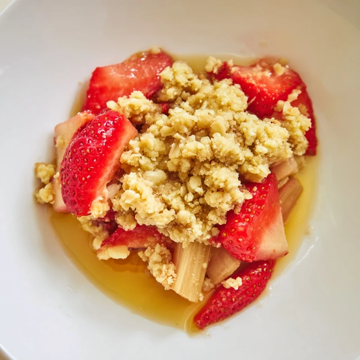 Fresh Strawberry Rhubarb Crisp baking in the oven, steam rising from the juicy red fruit filling.