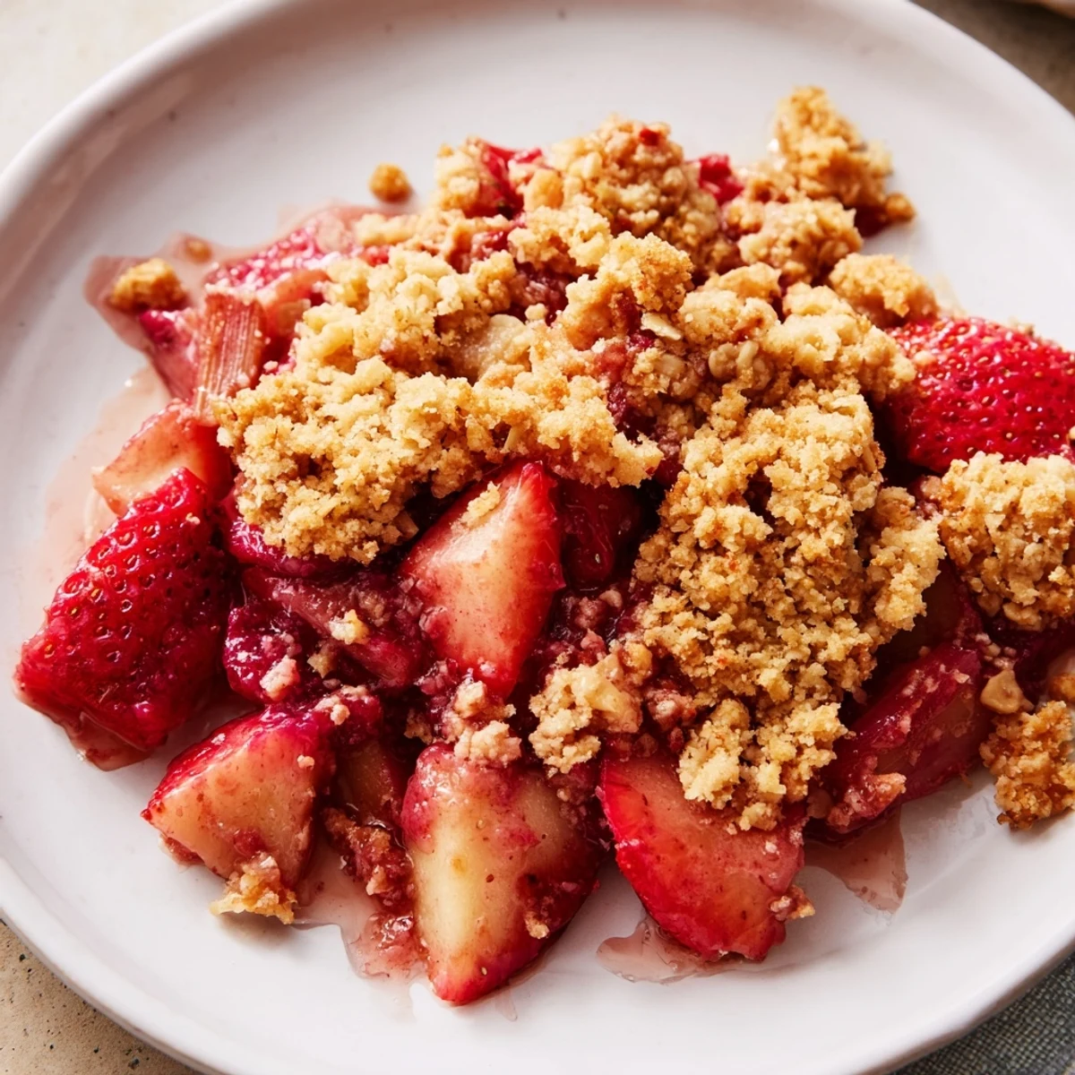Close-up of a spoon scooping Strawberry Rhubarb Crisp, revealing a tender filling under crunchy oat topping.