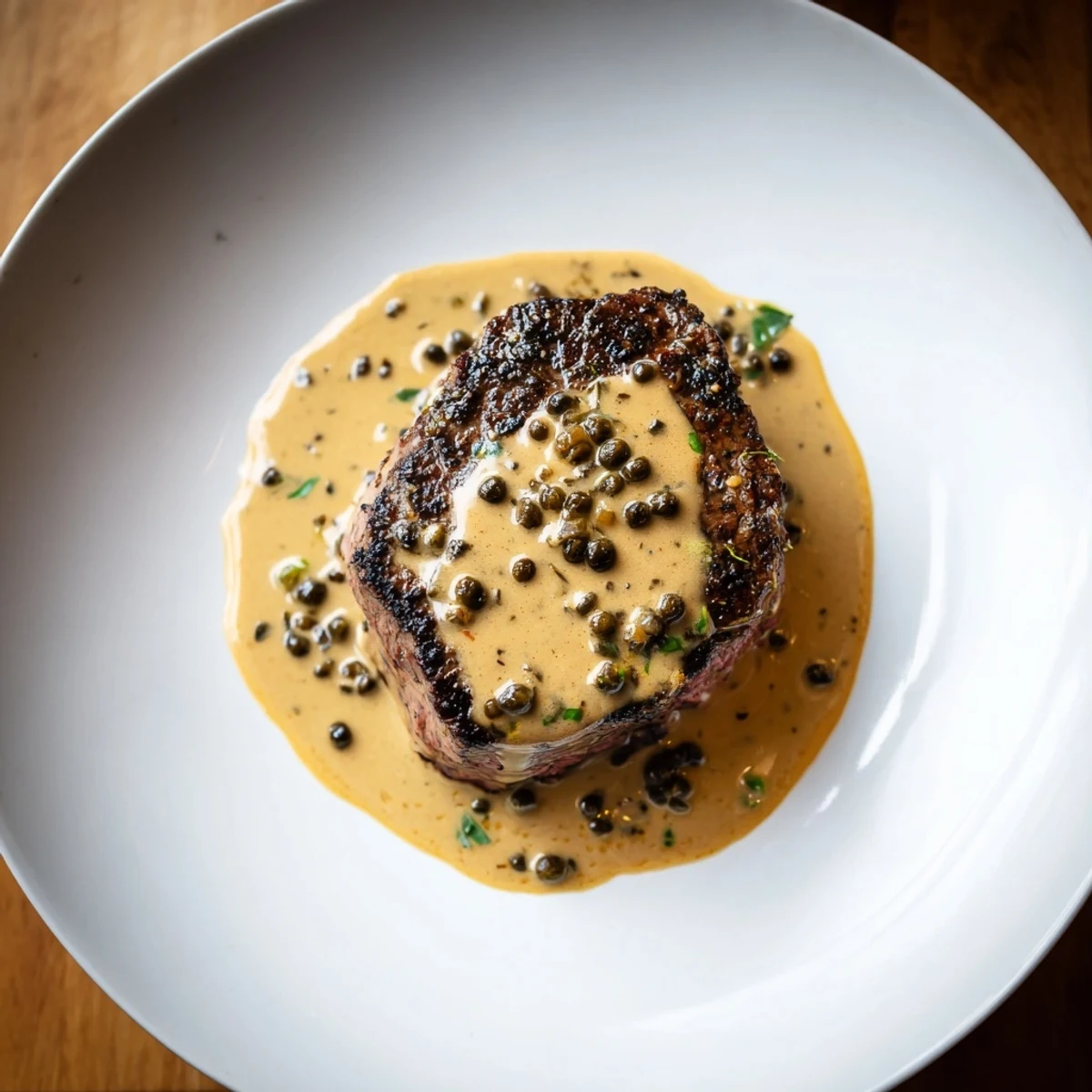 Juicy beef tenderloin steaks topped with a velvety peppercorn cream sauce on a rustic dinner plate.