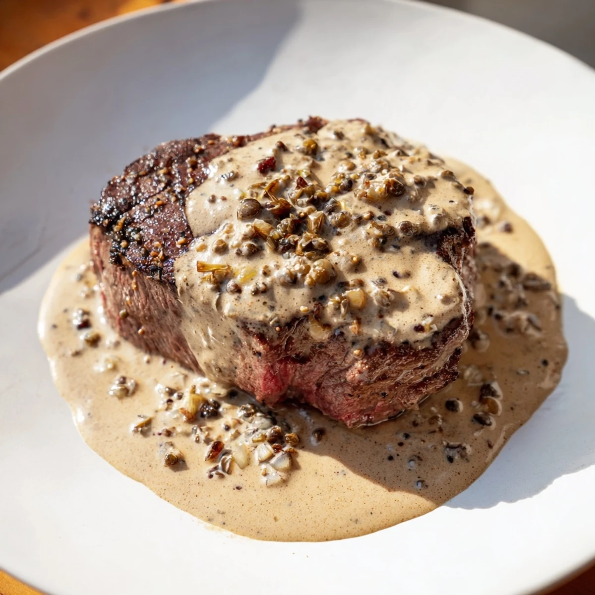 Perfectly seared beef tenderloin with peppercorn cream sauce garnished with fresh herbs for a luxurious meal.