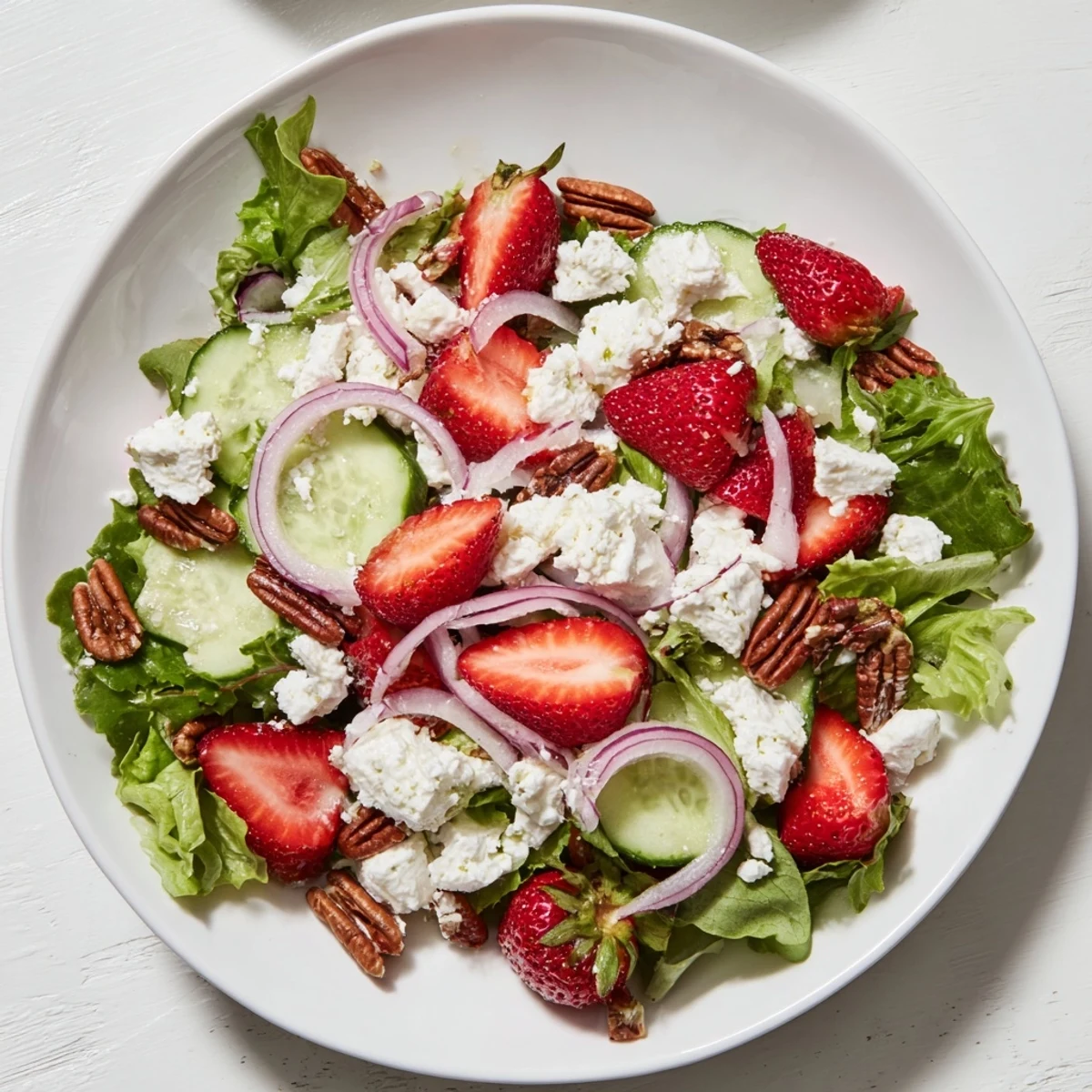 A vibrant Spring Mix Salad with Strawberries and Feta, featuring juicy berries, creamy cheese, and crisp cucumbers, served as a light lunch or elegant starter.
