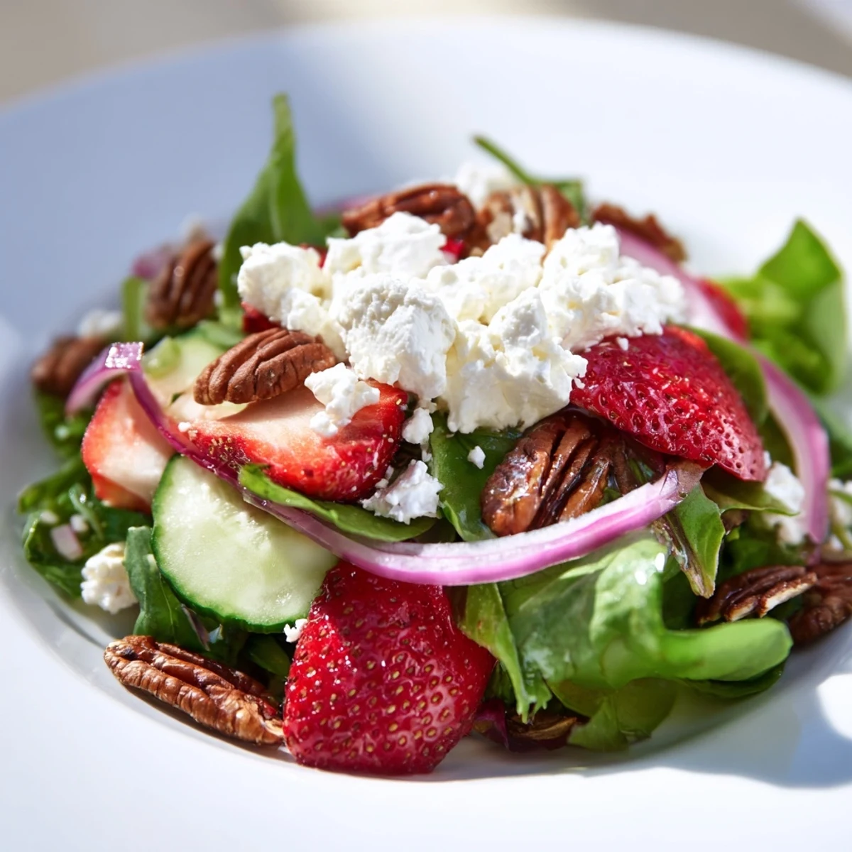 Fresh spring mix greens topped with sliced strawberries, crumbled feta, and toasted pecans, drizzled with a tangy balsamic vinaigrette for a bright, seasonal salad.