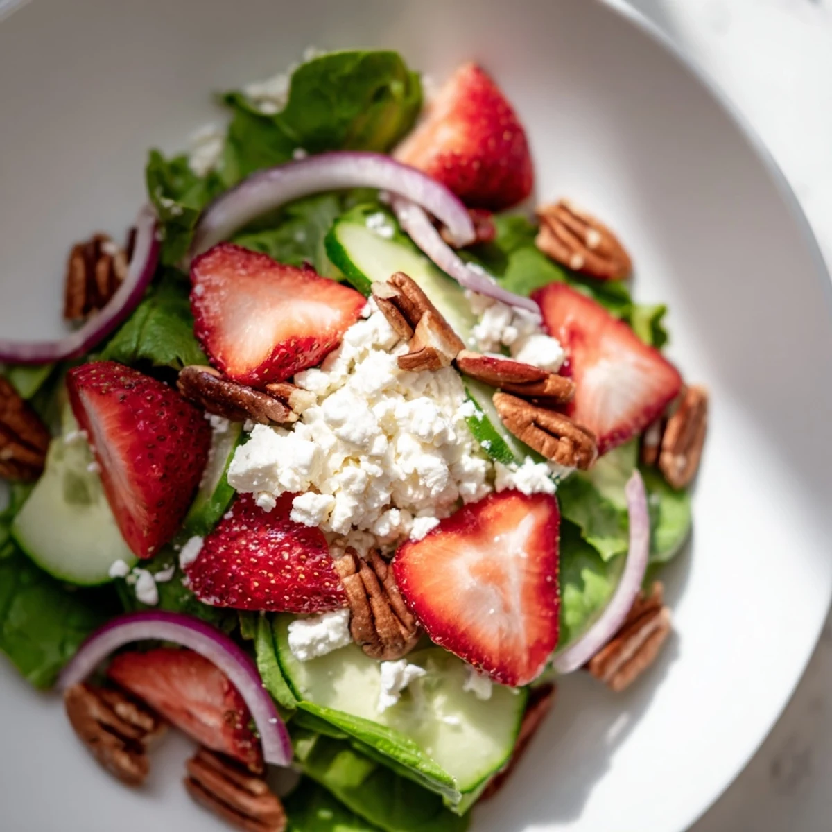 Colorful bowl of Spring Mix Salad with Strawberries and Feta, showcasing tender greens, sweet berries, red onion, and a glossy balsamic drizzle, ready to enjoy.