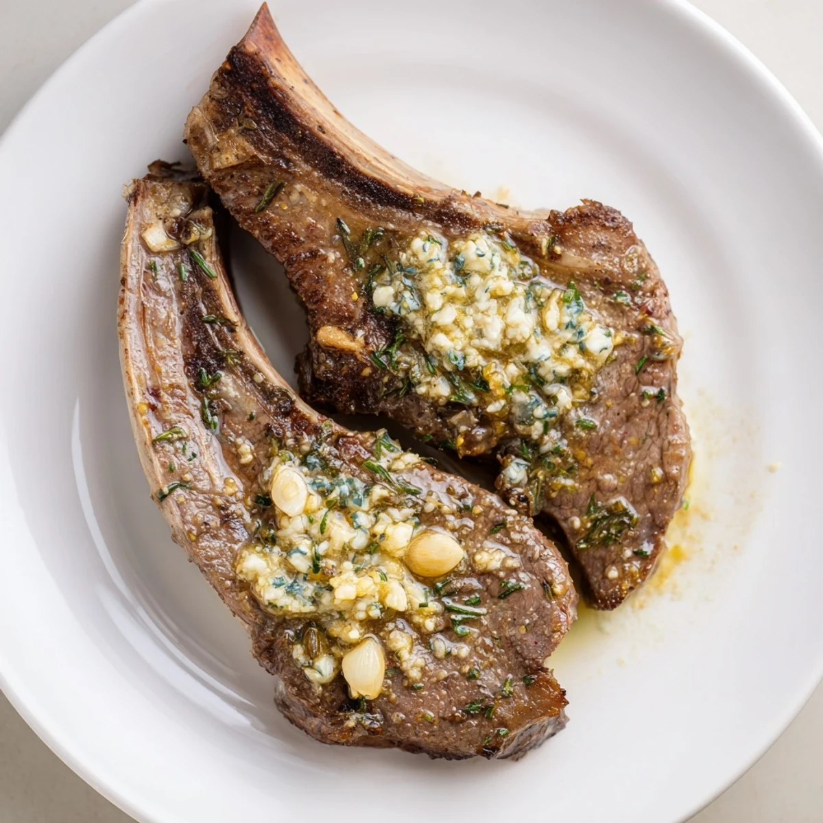 Golden-brown Air Fryer Lamb Chops with Garlic Butter sizzling next to fresh herbs and lemon wedges.