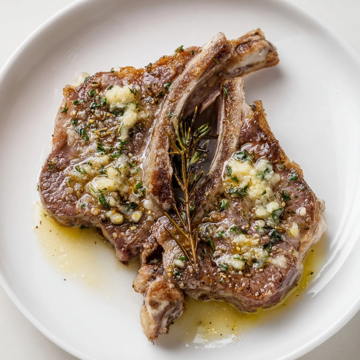 Close-up of juicy Air Fryer Lamb Chops with Garlic Butter topped with melting butter and parsley.