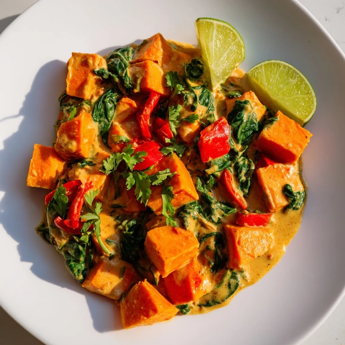Vibrant Vegan Sweet Potato Curry with Spinach simmering in a creamy coconut sauce, with tender chunks and wilted greens.