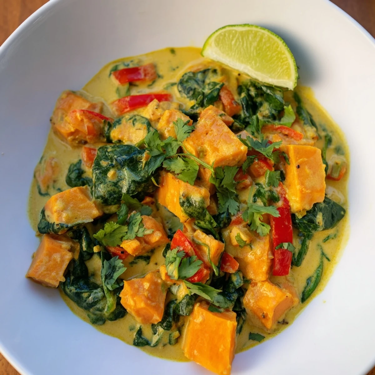 A close-up of Vegan Sweet Potato Curry with Spinach served in a white bowl, garnished with fresh cilantro and lime.