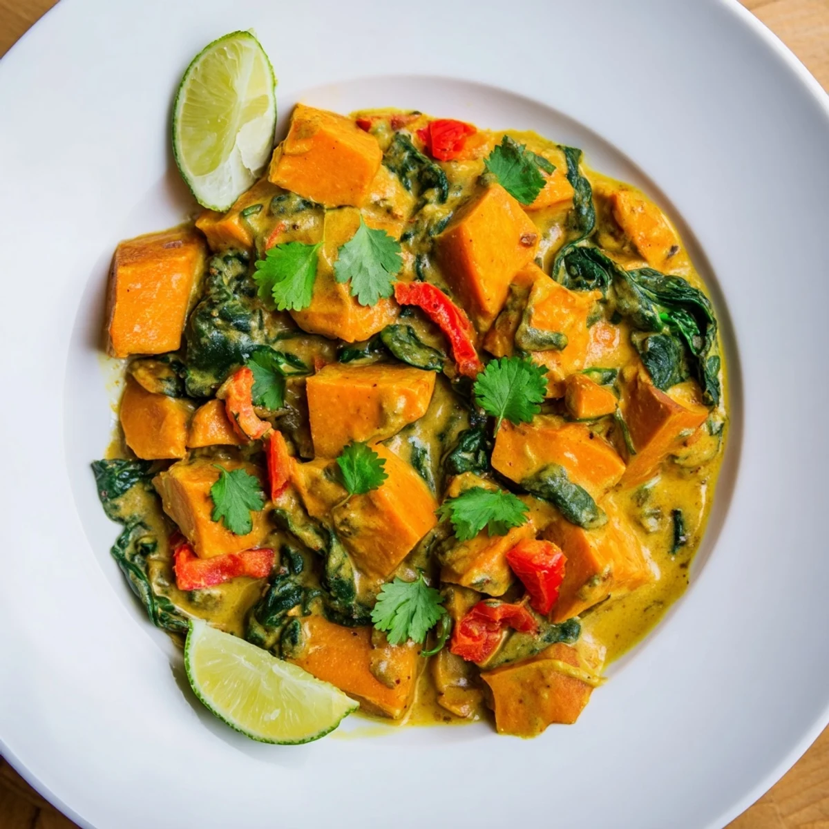 Stovetop Vegan Sweet Potato Curry with Spinach in a Dutch oven, steam rising as a wooden spoon stirs the contents.