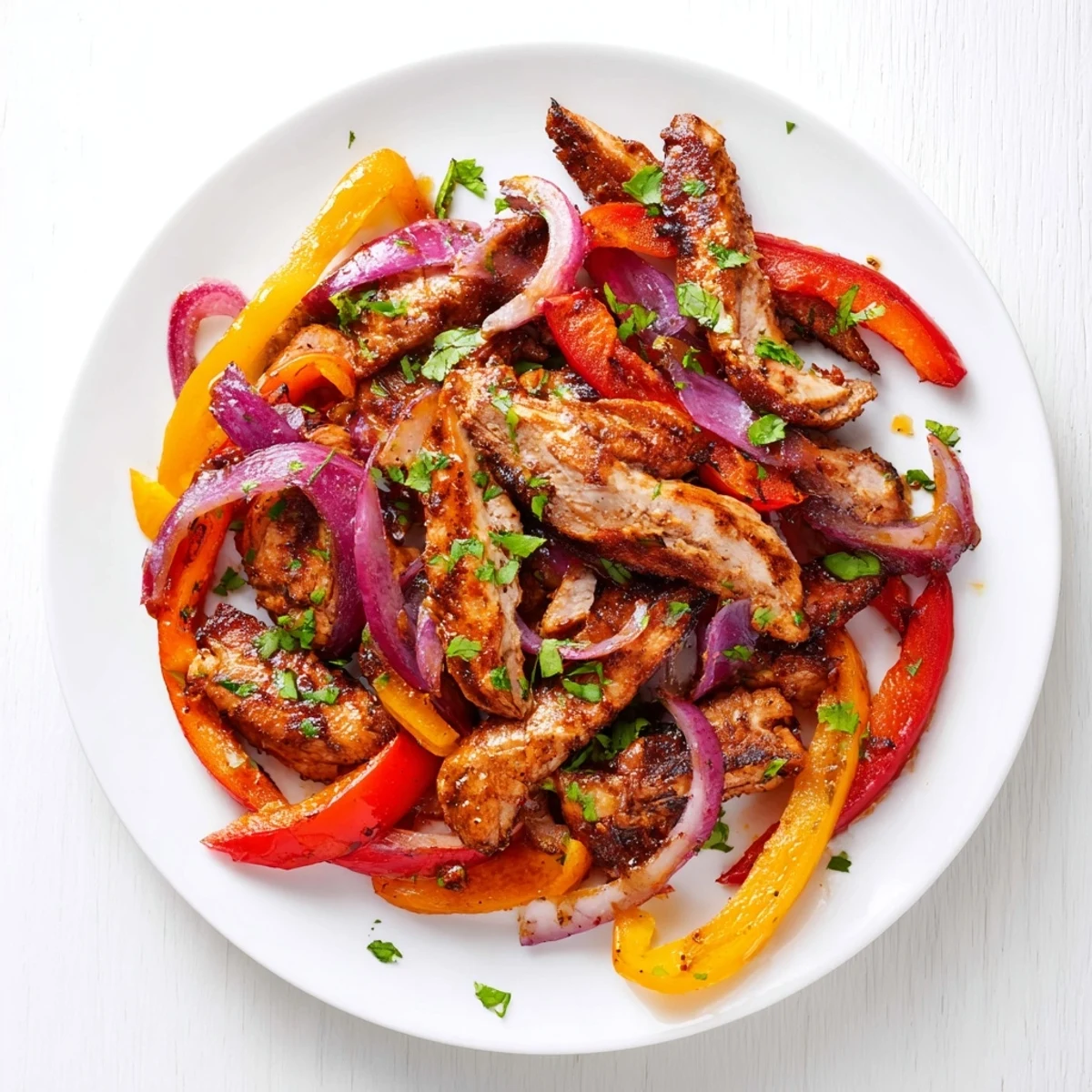 Sizzling Sheet Pan Chicken Fajitas with Onions served in warm tortillas topped with creamy avocado and fresh cilantro for a Tex-Mex dinner.