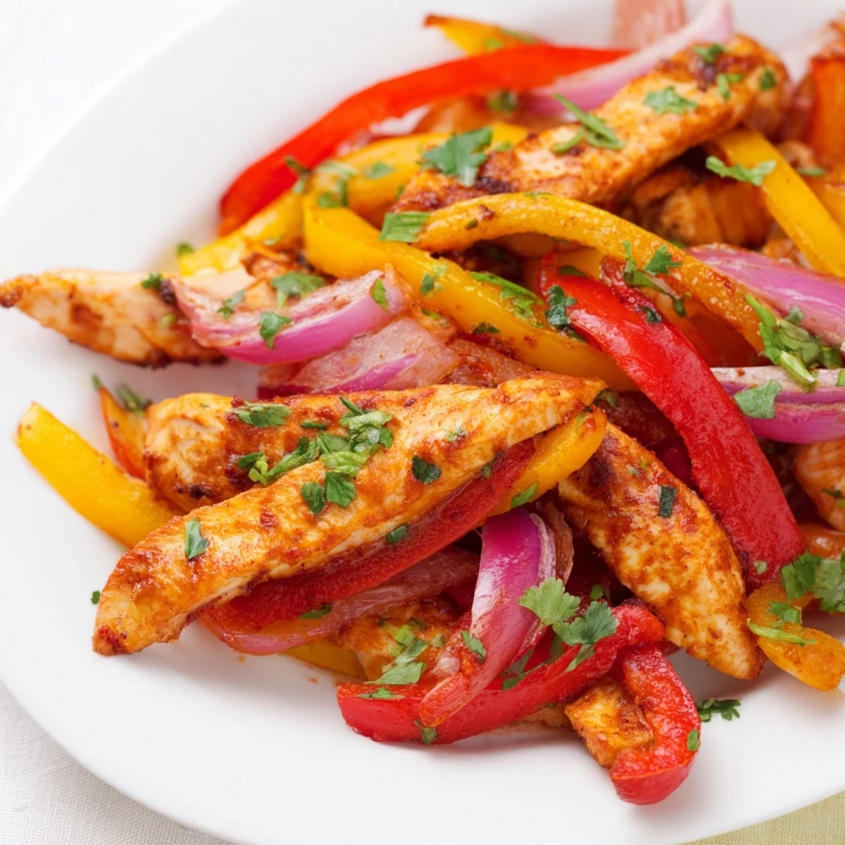 Easy Sheet Pan Chicken Fajitas with Onions ready to eat from the sheet pan, garnished with lime wedges and chopped cilantro, perfect for weeknights.