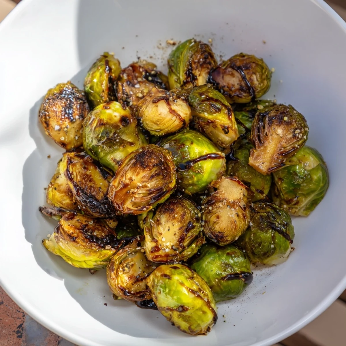 Crispy roasted Brussels sprouts with balsamic glaze, glistening on a platter, served alongside a holiday roast.