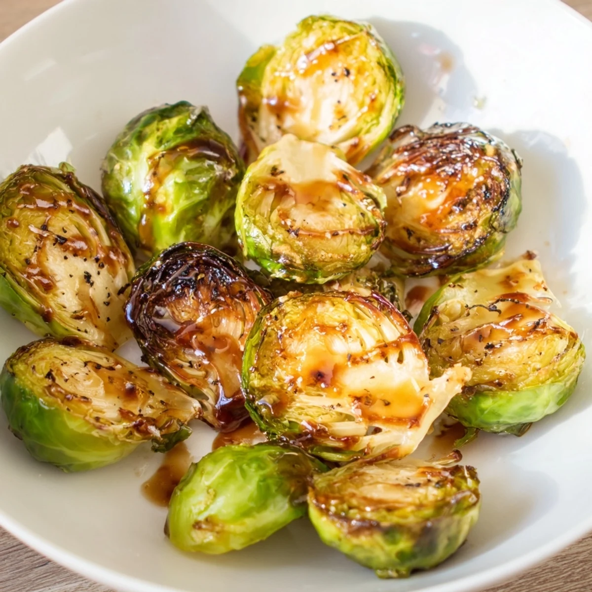 Roasted Brussels sprouts with balsamic glaze, caramelized and golden, paired with mashed potatoes for a cozy meal.