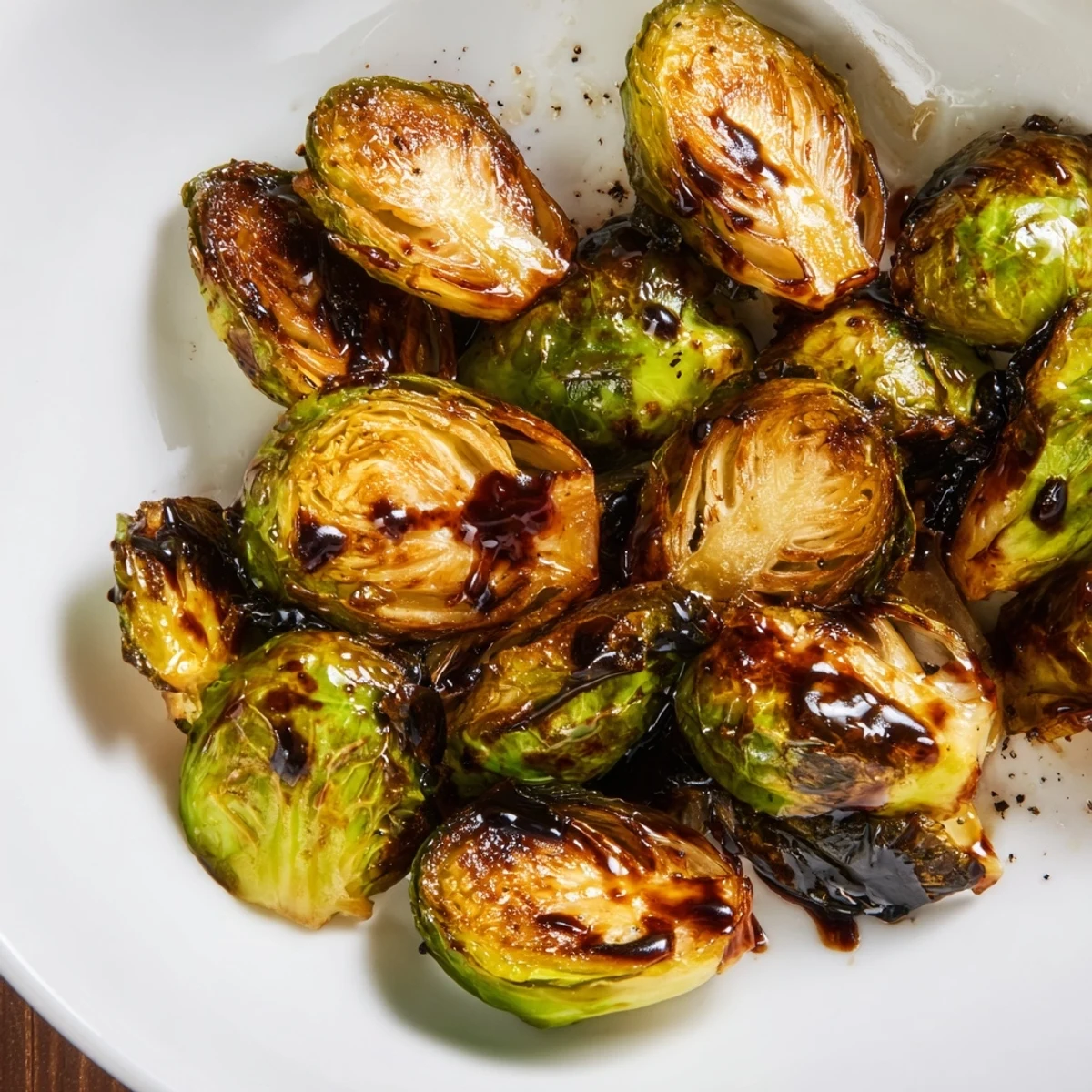 A close-up of roasted Brussels sprouts with balsamic glaze, drizzled glossy and served hot on white porcelain.