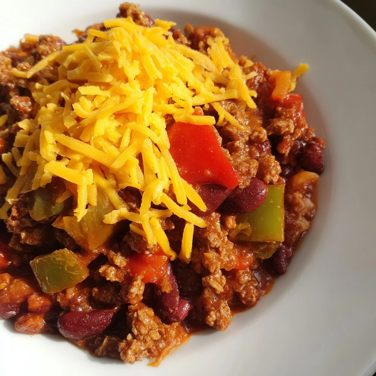 Beef and Bean Chili with Cheddar Cheese is served hot alongside crisp tortilla chips for dipping.