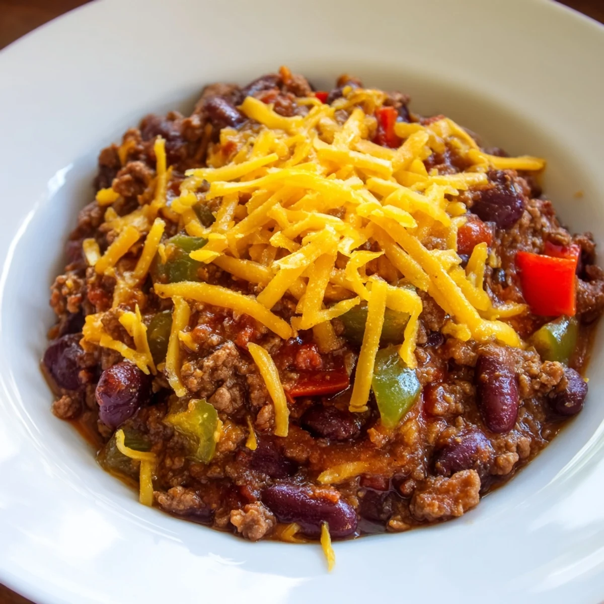 A hearty scoop of Beef and Bean Chili with Cheddar Cheese in a rustic bowl, ready to eat.