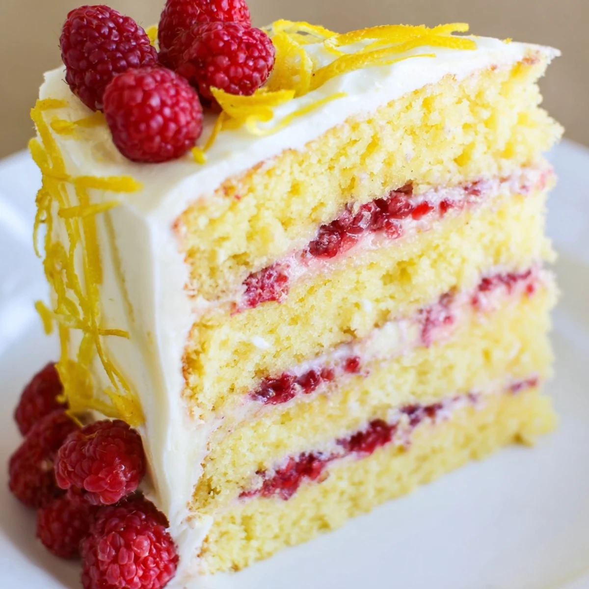 Freshly baked Lemon Raspberry Layer Cake with Frosting on a white plate, vibrant red raspberries and bright lemon zest topping the silky lemon cream cheese frosting.