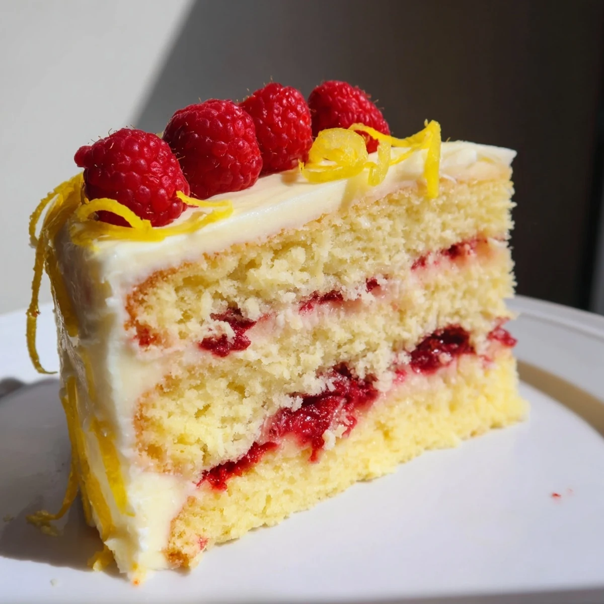 A slice of moist Lemon Raspberry Layer Cake with Frosting reveals fluffy layers, tangy raspberry filling, and creamy frosting, served on a dessert plate with a fork.