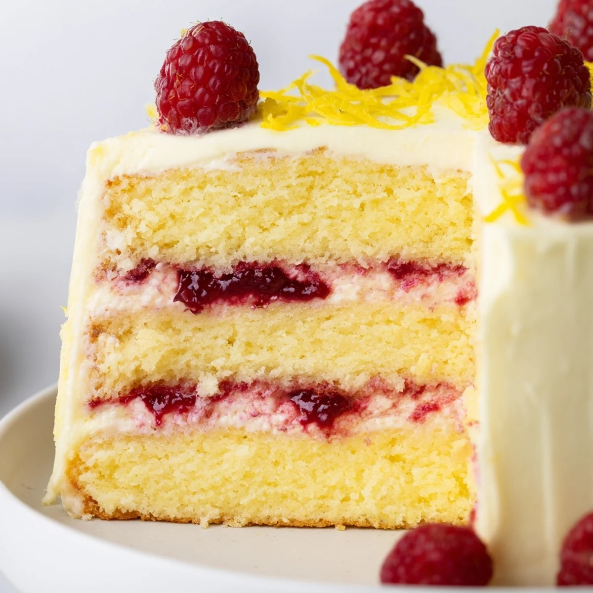 A whole Lemon Raspberry Layer Cake with Frosting sits on a marble countertop, decorated with fresh raspberries and lemon slices for a spring celebration dessert.