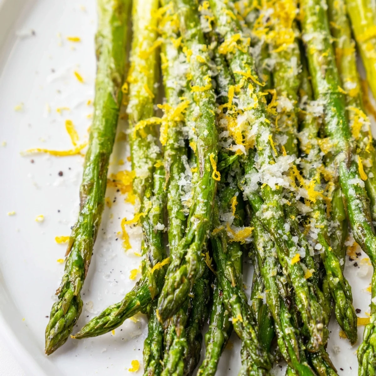 Golden roasted asparagus with Parmesan and lemon on a white plate, drizzled with olive oil.