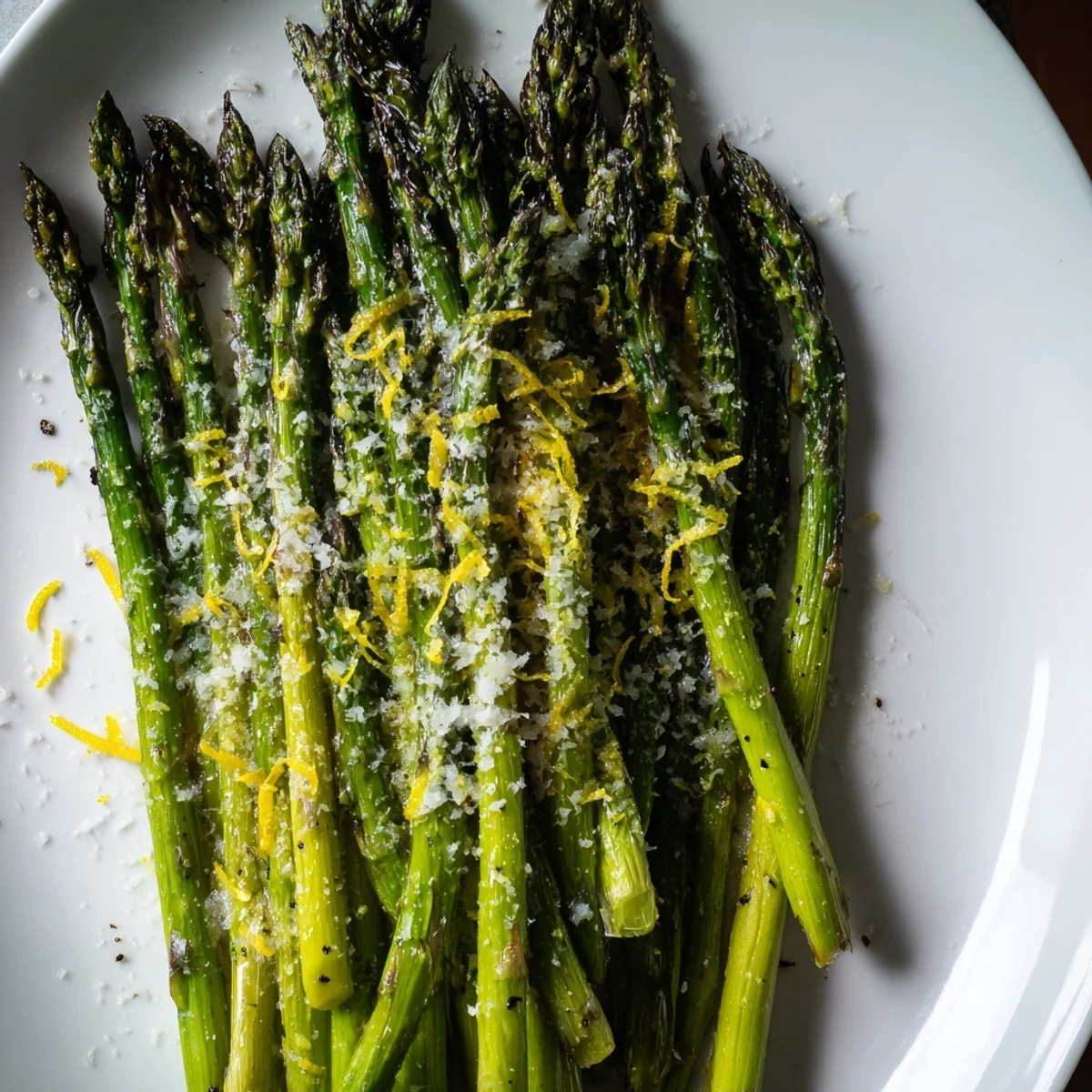 Tender roasted asparagus with Parmesan and lemon served beside grilled chicken for a complete meal.
