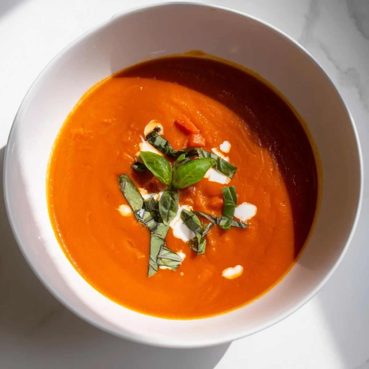 Creamy Tomato Basil Bisque in a white bowl garnished with fresh basil leaves and a swirl of cream.