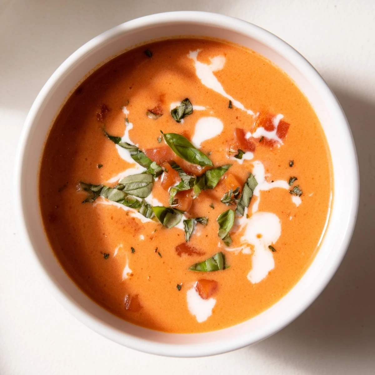 Close-up of Creamy Tomato Basil Bisque showing its smooth texture and vibrant red color.
