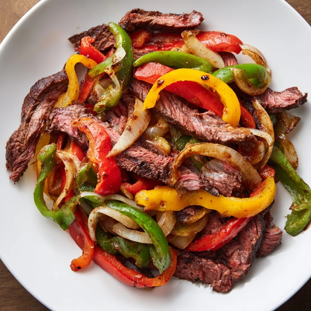 Sizzling beef fajitas with peppers and onions on a warm tortilla, garnished with fresh cilantro and lime.