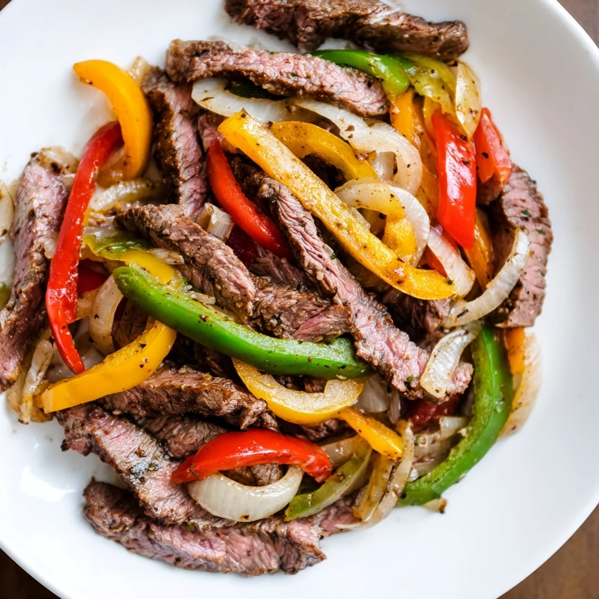 Colorful bell peppers and onions sautéed with marinated beef for a classic Tex-Mex fajita main dish.