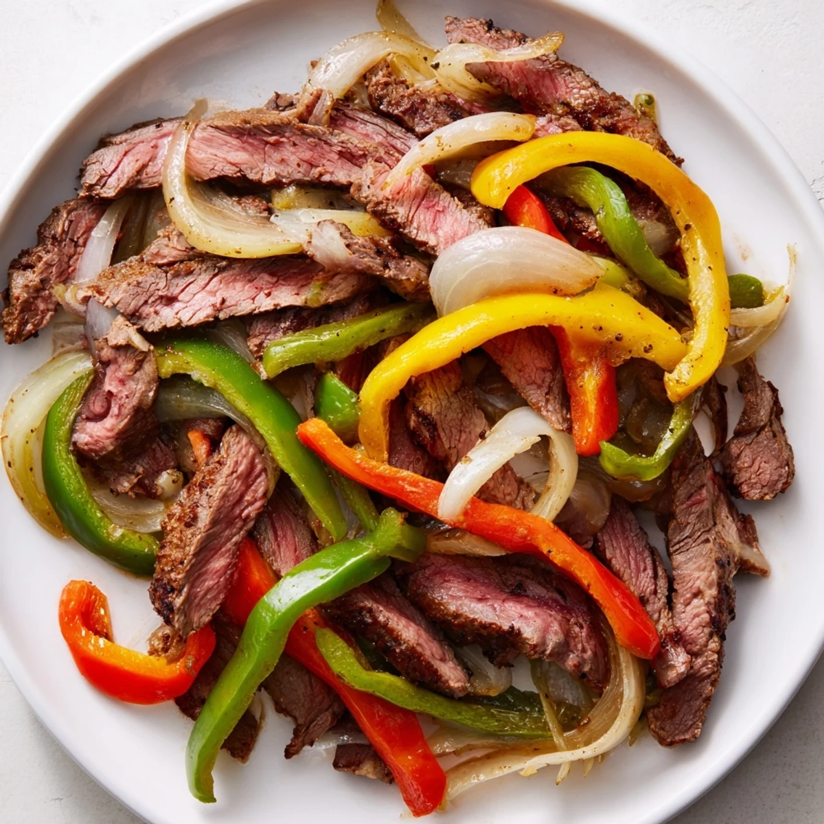 Tender strips of beef, peppers, and onions on a skillet, ready for a gluten-free fajita dinner.