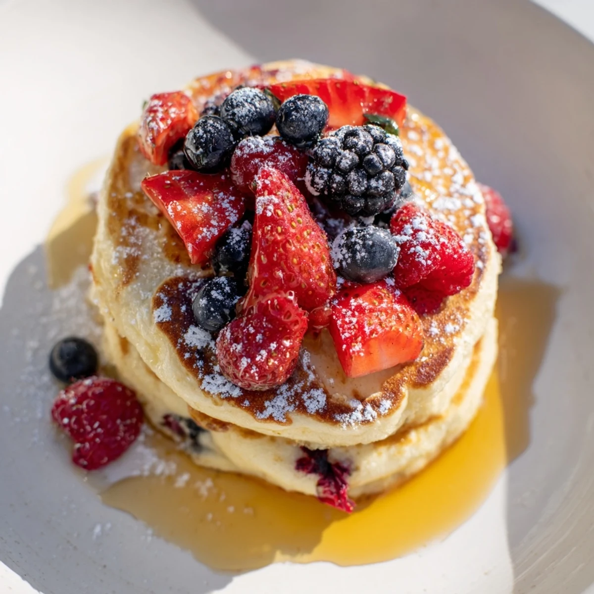 Fluffy Lemon Ricotta Pancakes with Berries stacked high, topped with maple syrup and a vibrant medley of fresh berries.