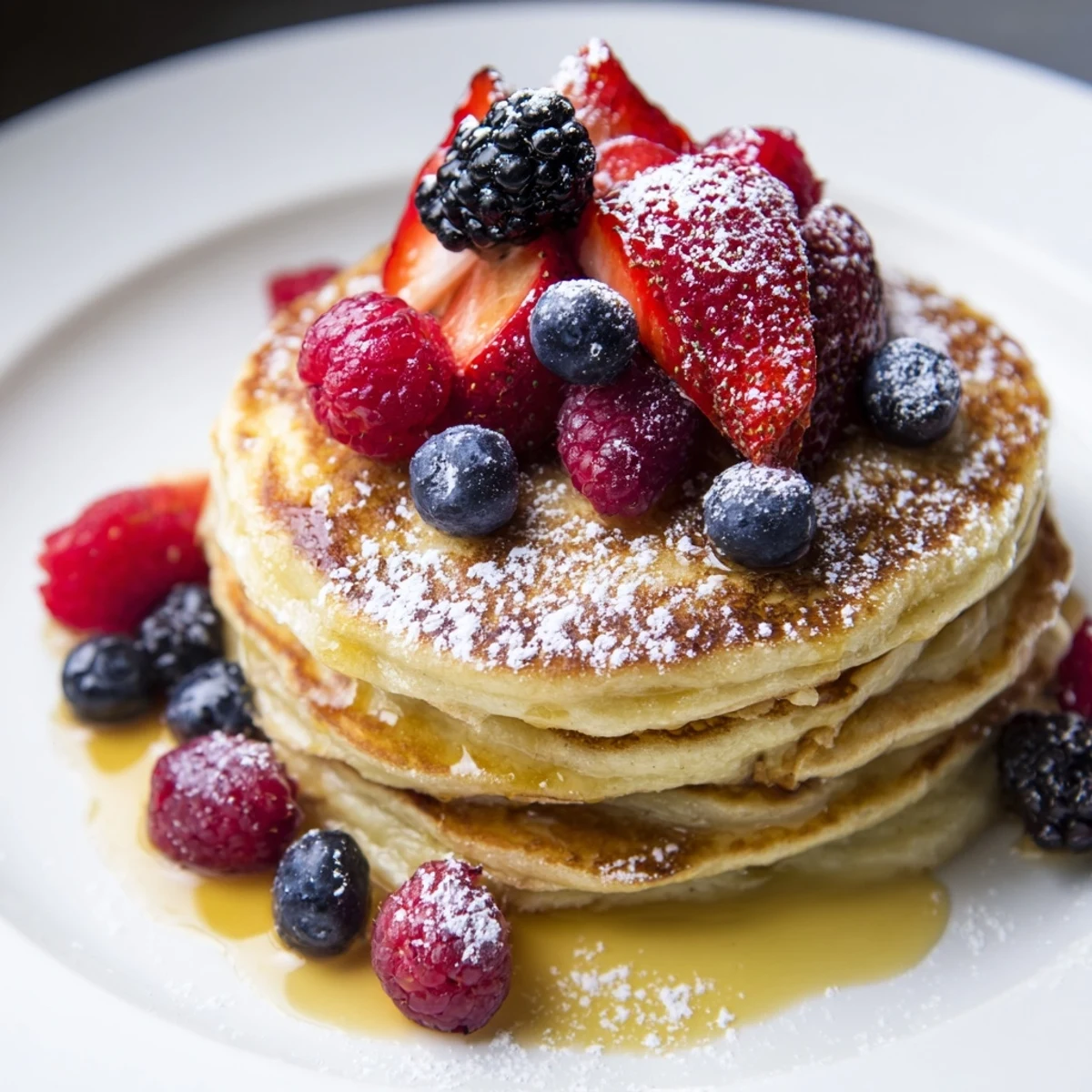 Golden Lemon Ricotta Pancakes with Berries on a white plate, dusted with powdered sugar and bright lemon zest.