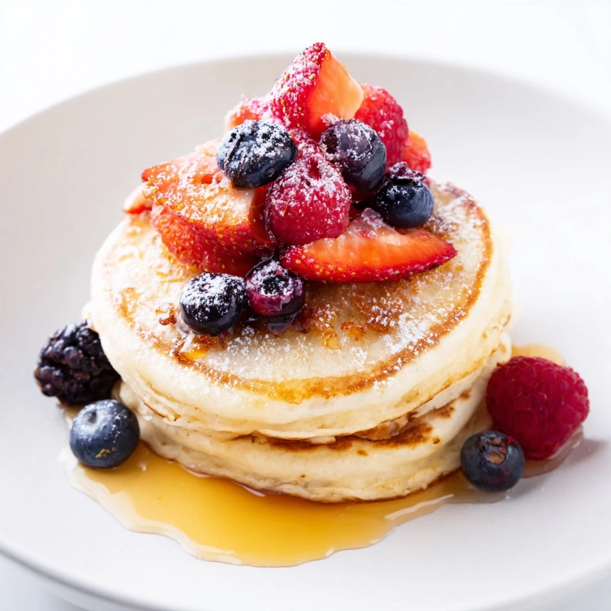 Warm Lemon Ricotta Pancakes with Berries served with fresh strawberries, blueberries, and a drizzle of sweet syrup.