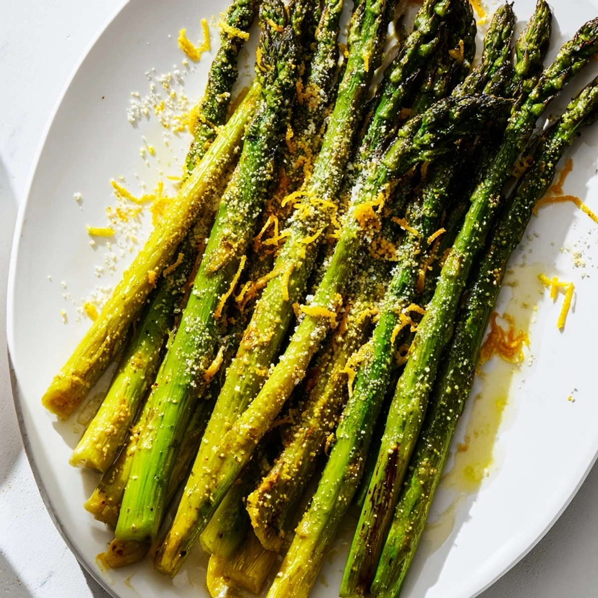 Tender roasted asparagus with Parmesan and lemon on a white plate, garnished with fresh lemon zest.