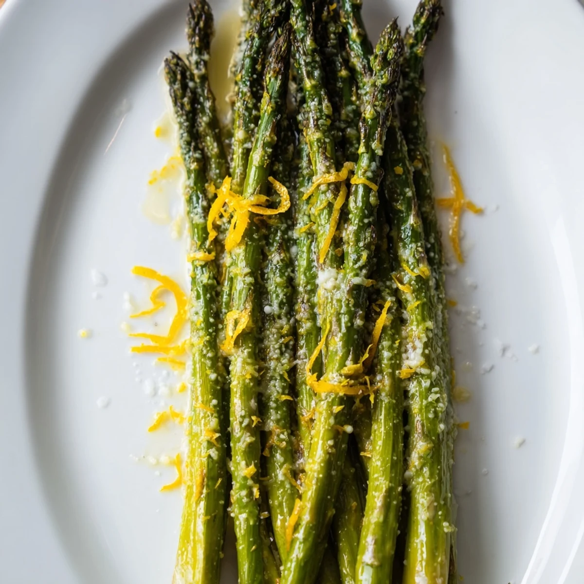 A close-up of roasted asparagus with Parmesan and lemon, showing golden crispy tips and melted cheese flakes.