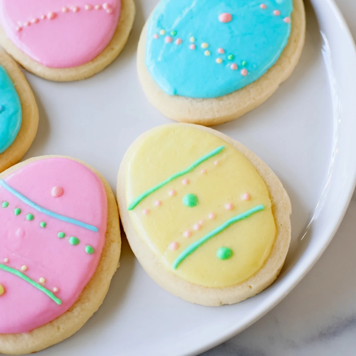 Easter Egg Sugar Cookies with Icing sit on a cooling rack, their pastel royal icing decorations glistening in soft spring light.